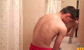 Innocent looking legal age teenager in the bathroom is nailed